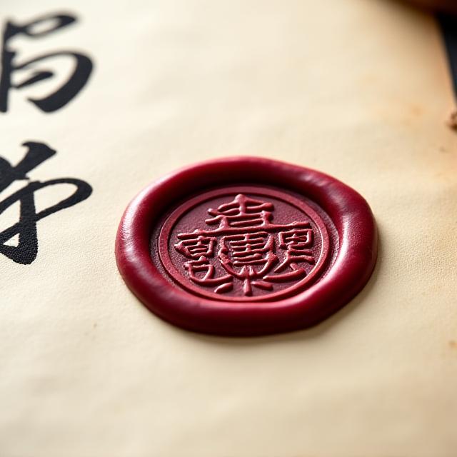 Close up of a deep red wax seal on textured paper with cursive ink calligraphy