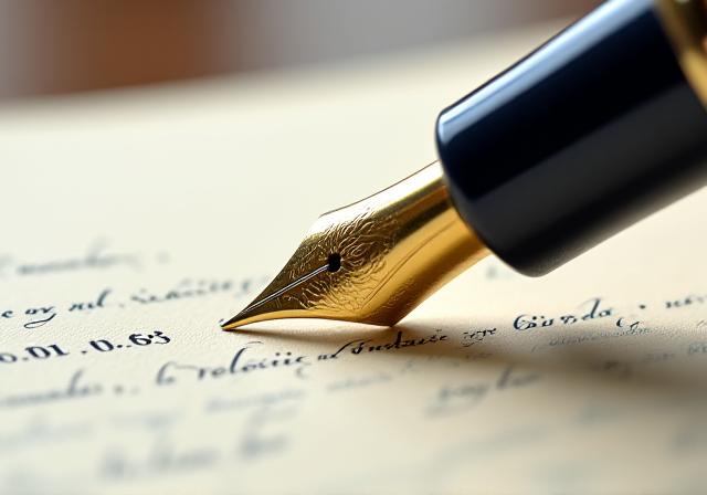 Close up of a luxury fountain pen resting on a signed legal contract