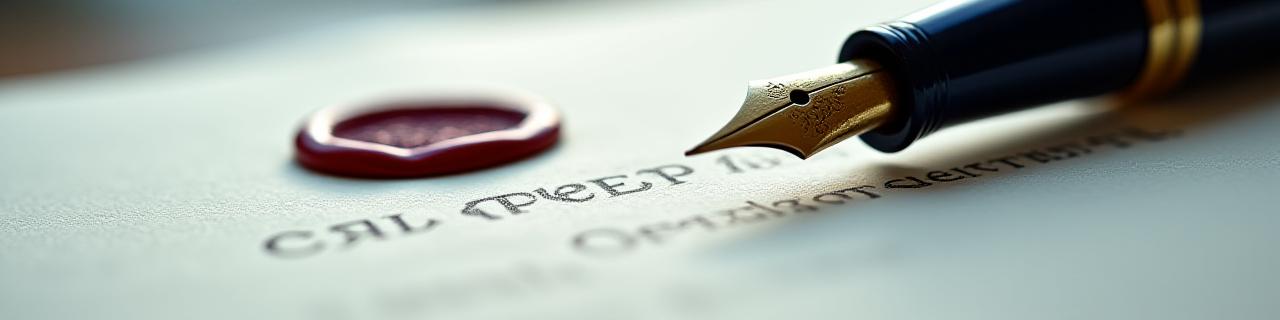 Close up of a fountain pen resting on a legal document with a wax seal
